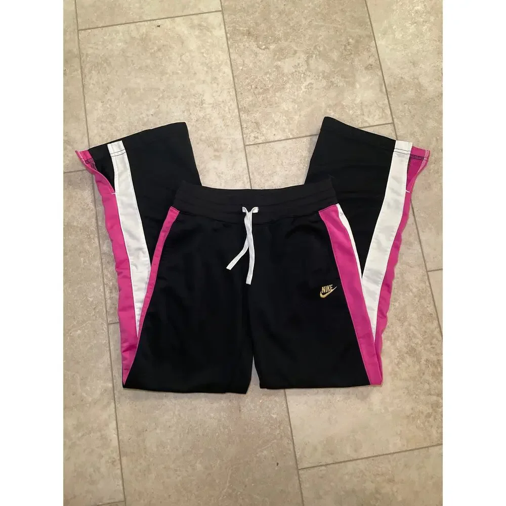 2000s Nike Gray Tag Kids Girls Sz L Wide Leg Track Sweat Pants Black Pink Stripe